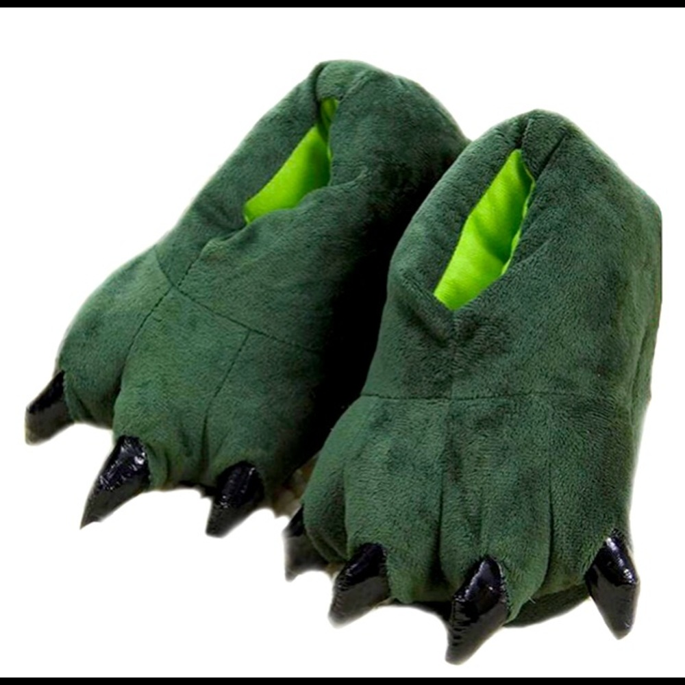 BOGO HengQui unisex animal dinosaur plush warm slippers, shiny vinyl claws NWT